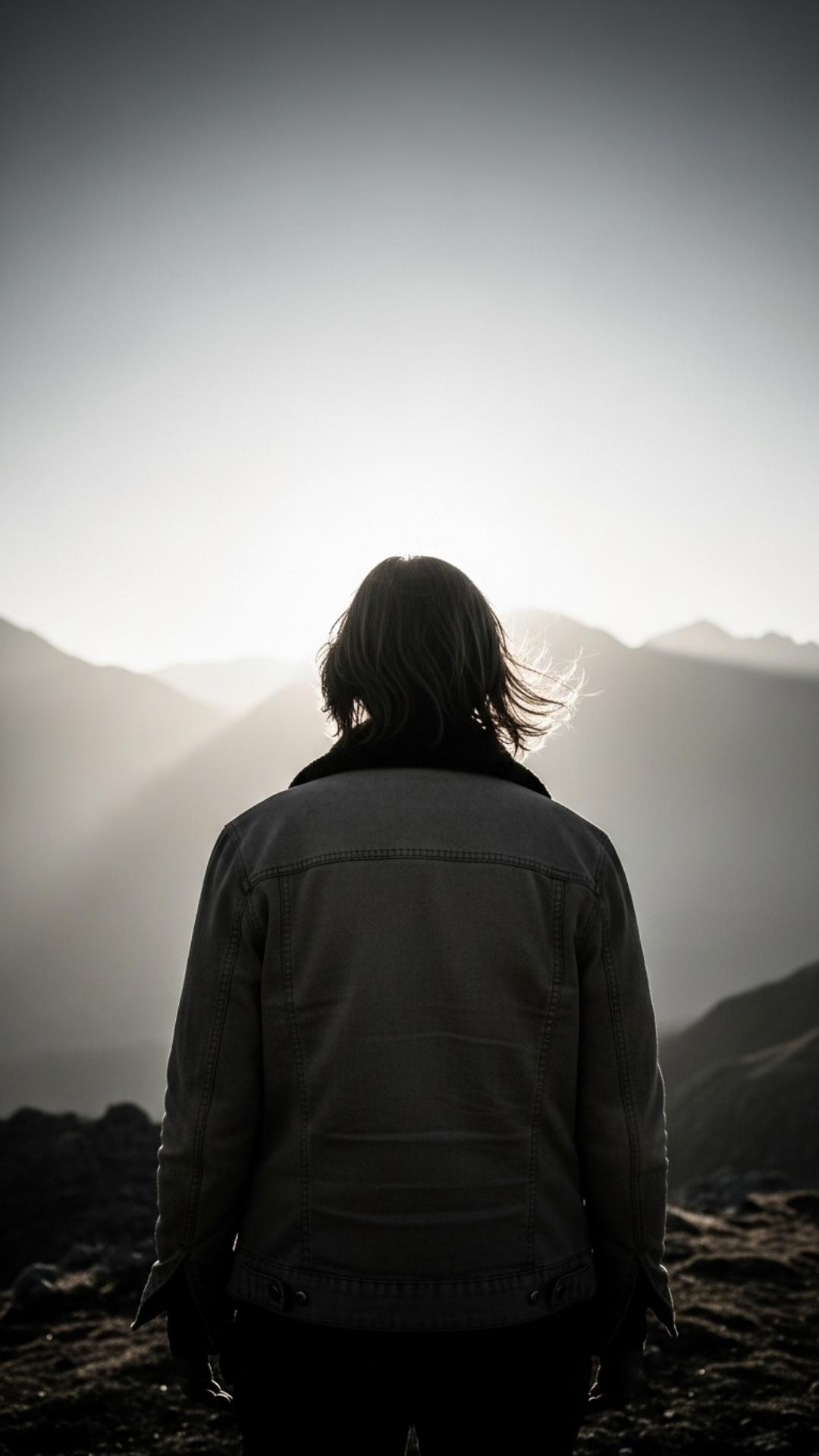 A high-contrast, moody image of a person standing alone on a misty mountain, with a strong backlight creating a powerful silhouette
