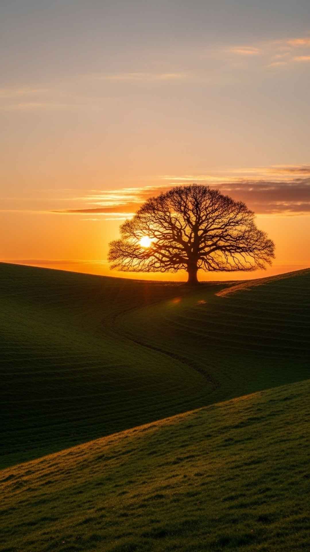 A peaceful photo of a lone tree on a green hill at sunset, with warm light and long shadows, symbolizing resilience and quiet strength