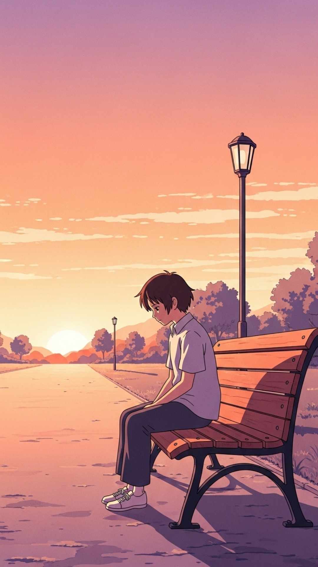 A lonely anime character sits on a bench in an empty park at sunset