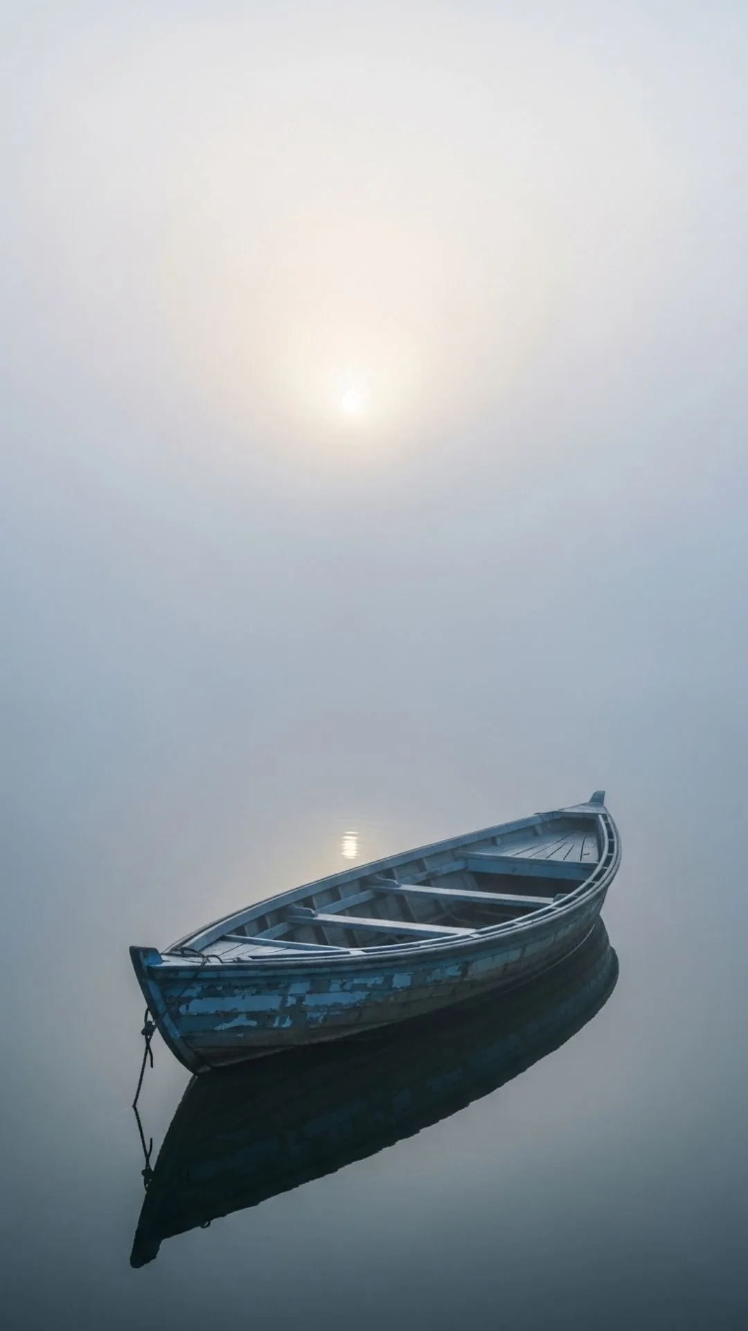 Lonely boat DP, misty river, isolated vessel, serene solitude, Indian river aesthetic, reflective mood.
