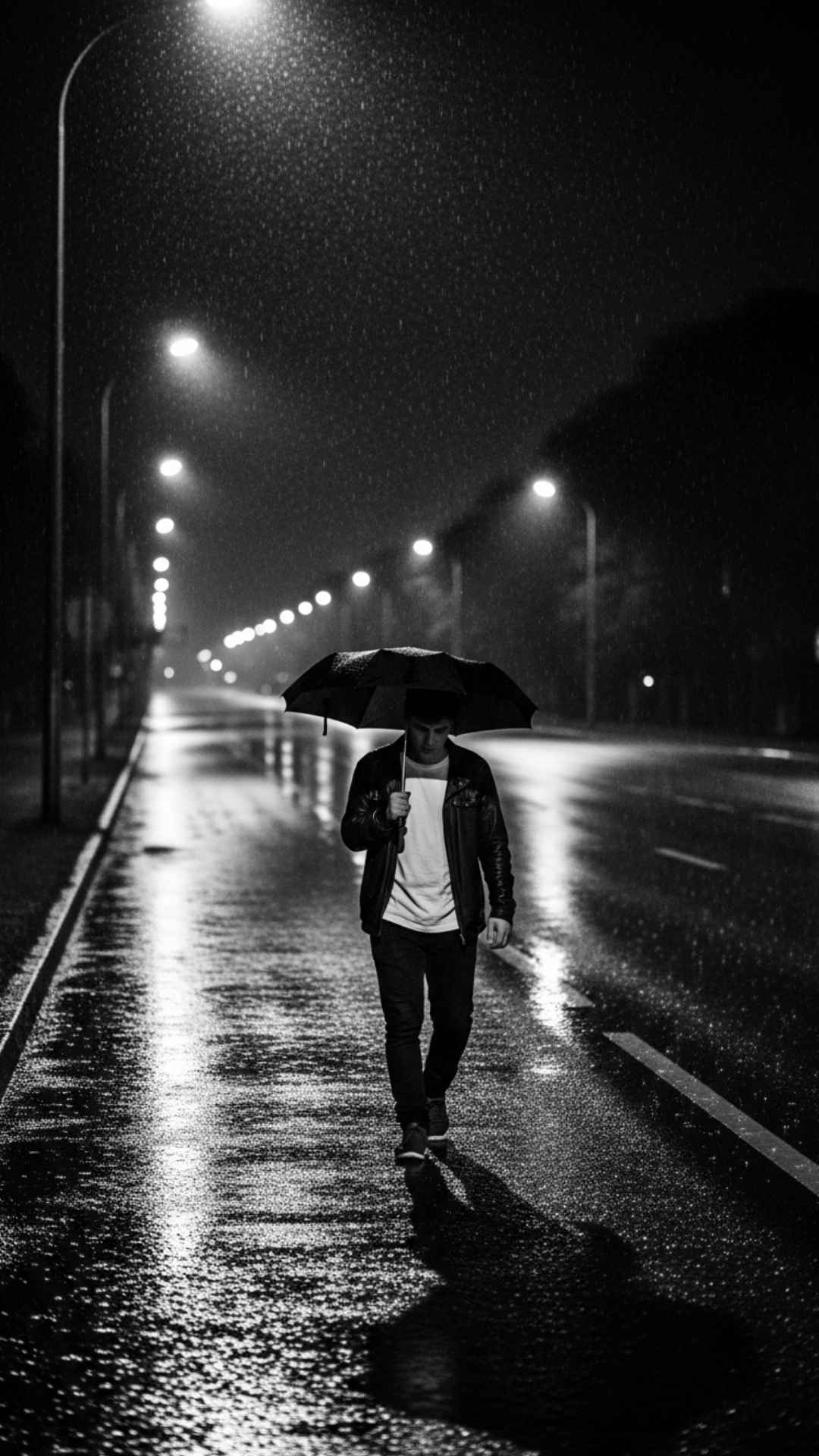 A boy walks alone on a rainy street at night, holding an umbrella in a black-and-white photo.