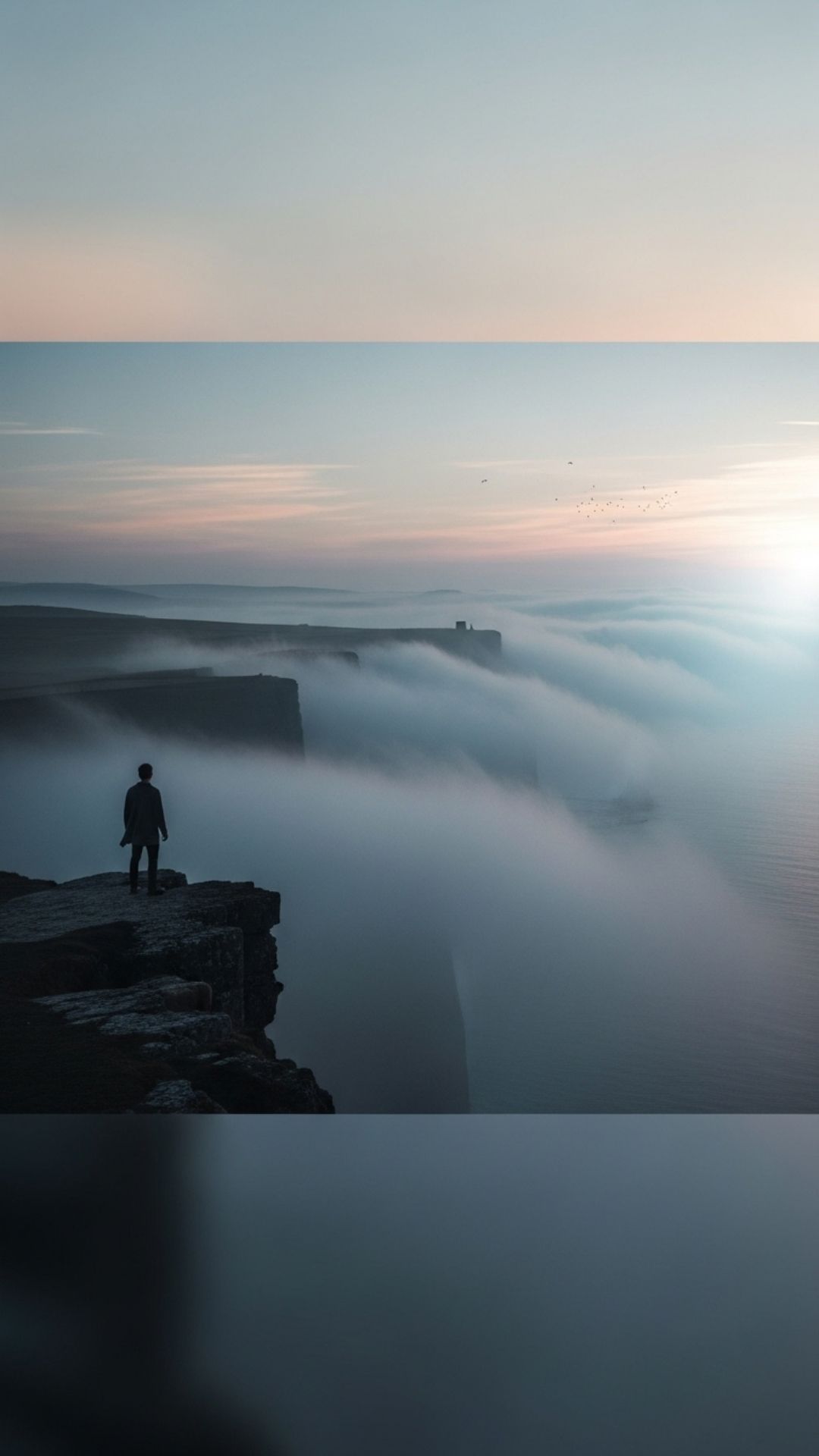 A small, lone figure stands on a cliff, looking out at a misty ocean. The photo, taken at dawn, evokes quiet contemplation with a cool color palette.