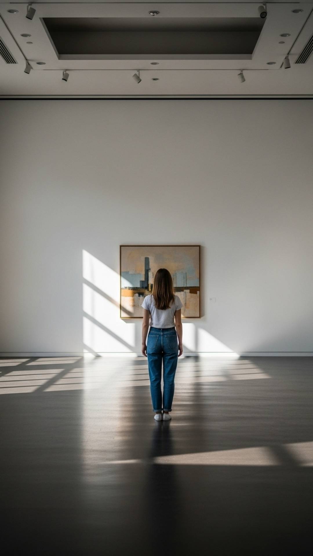 A lone woman stands with her back to the camera inside a vast, empty art gallery, contemplating an abstract painting, symbolizing solitude and introspection.
