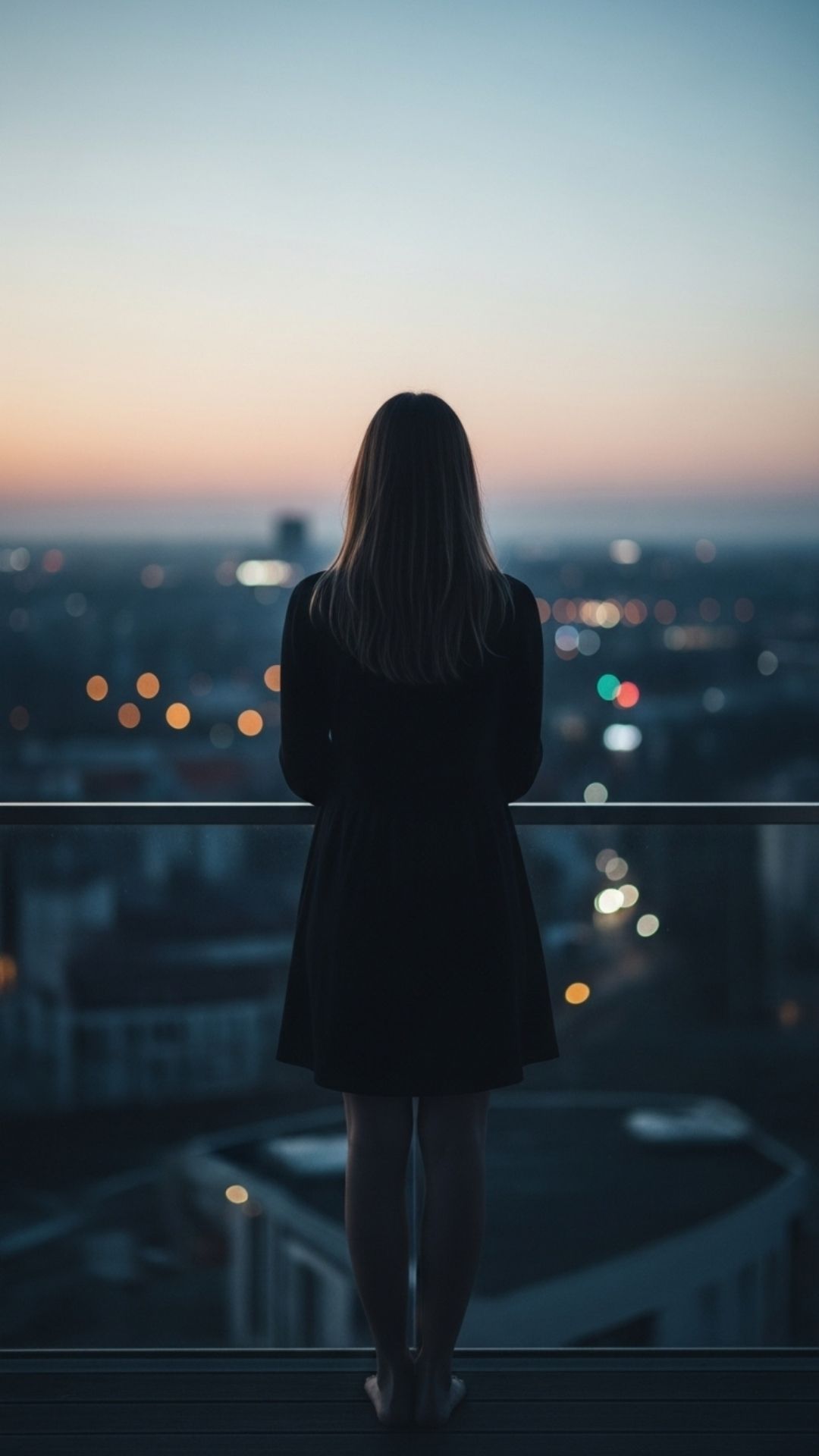 A girl stands on a minimalist balcony with her back to the camera, looking at a blurred city skyline at dusk, illustrating the aesthetic of quiet solitude and privacy.