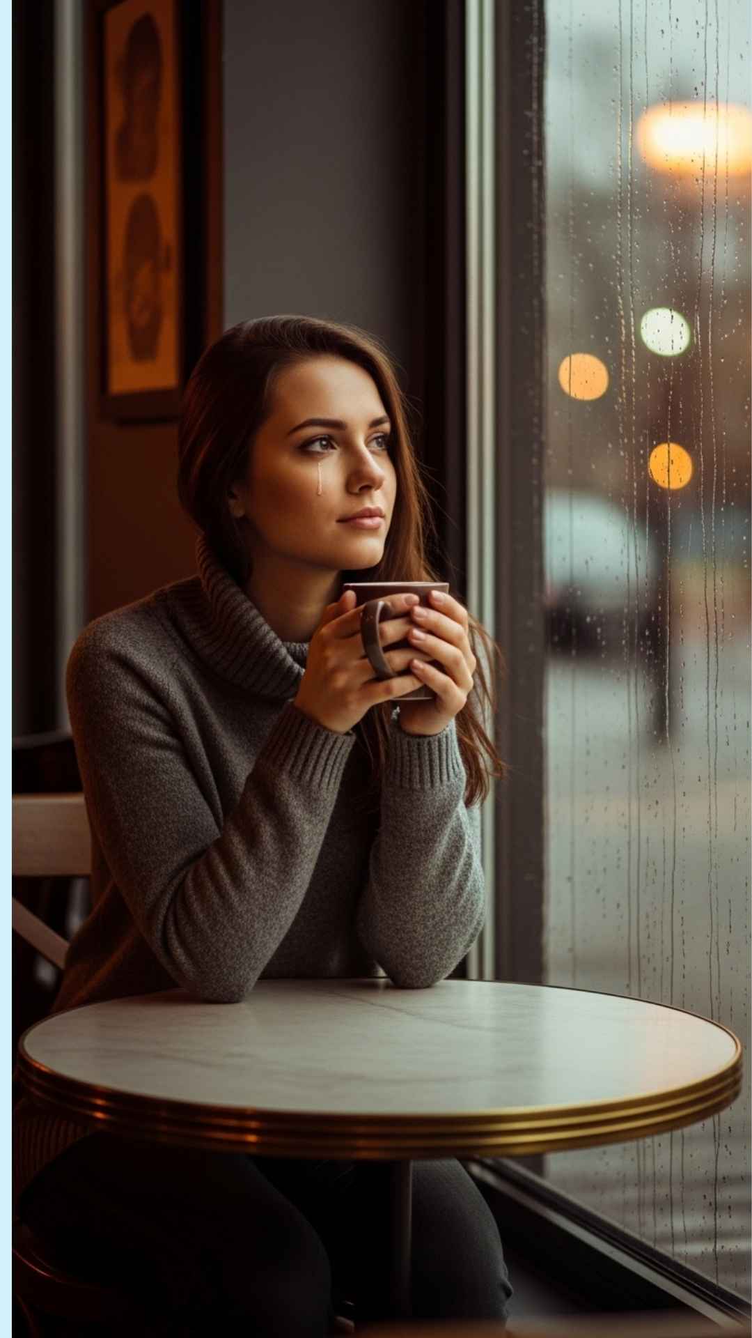 A young woman sits alone in a cafe, gazing out a rainy window with a tear on her cheek.
