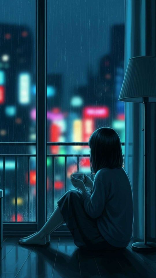 A cinematic image of a girl sitting alone by a rainy window, her silhouette against blurred city lights, expressing profound loneliness and quiet sadness.