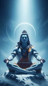A close-up, high-detail portrait of Lord Shiva in deep meditation on a snowy mountain, surrounded by a soft blue glow and mist
