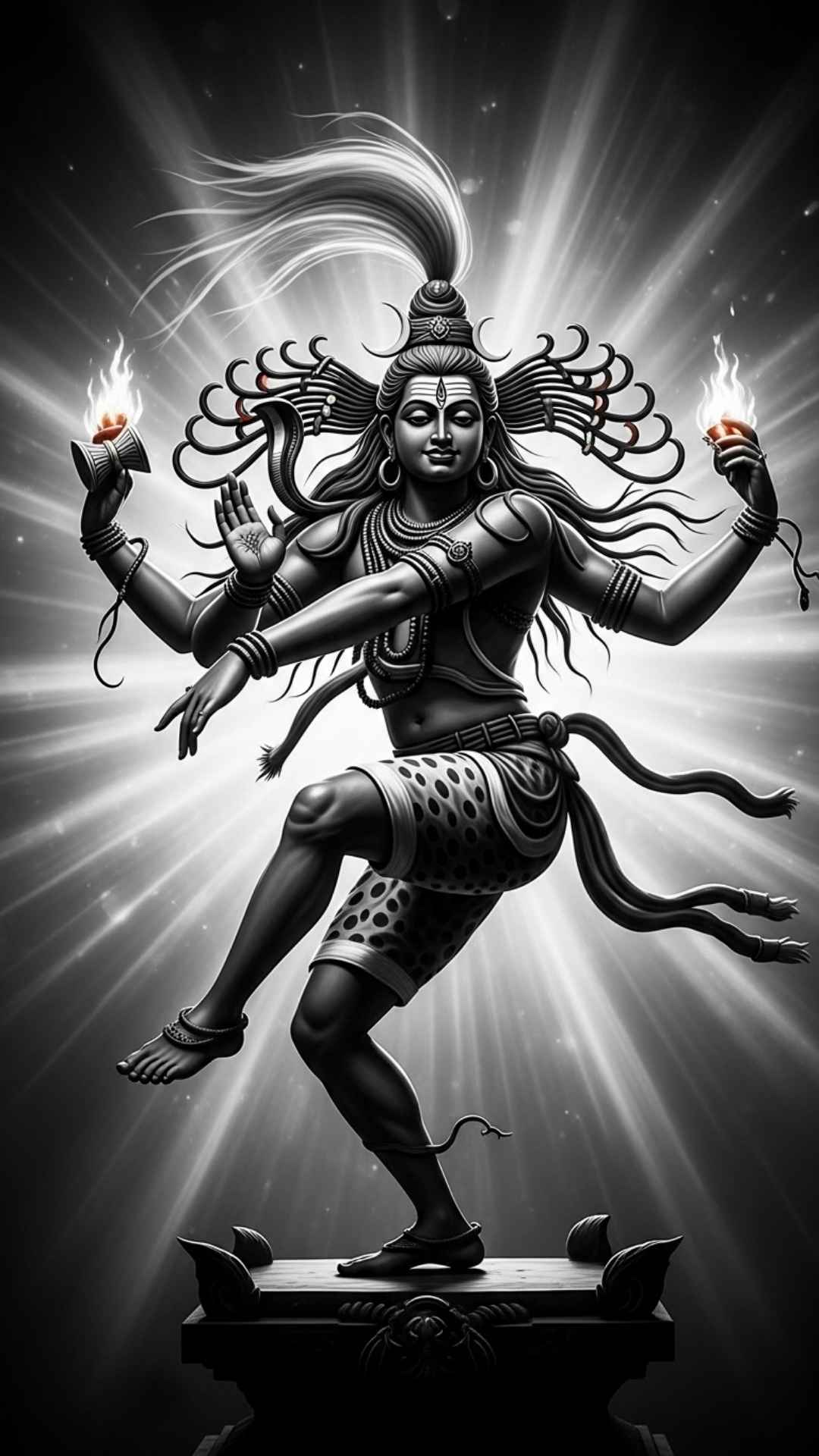 A dynamic, high-contrast black-and-white image of Lord Shiva in his Nataraja form, conveying power and movement.