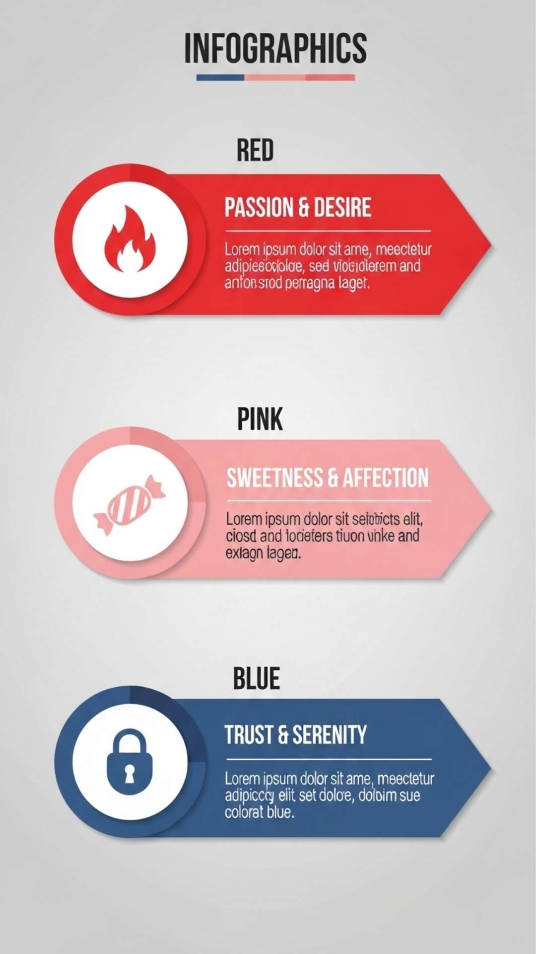 An infographic showing the psychology of colors in love, with icons for red passion, pink sweetness, and blue trust.