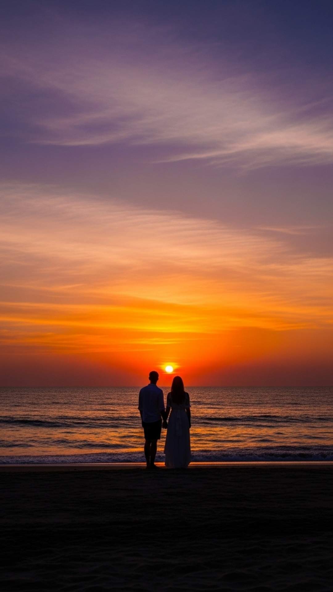 A silhouette of a couple standing together on a beach, watching a colorful sunset over the ocean, symbolizing their deep bond.