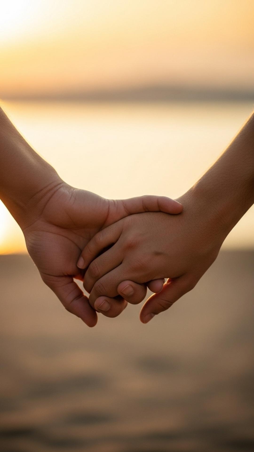 A close-up, romantic photo of two hands gently holding each other with a warm, blurry sunset in the background.