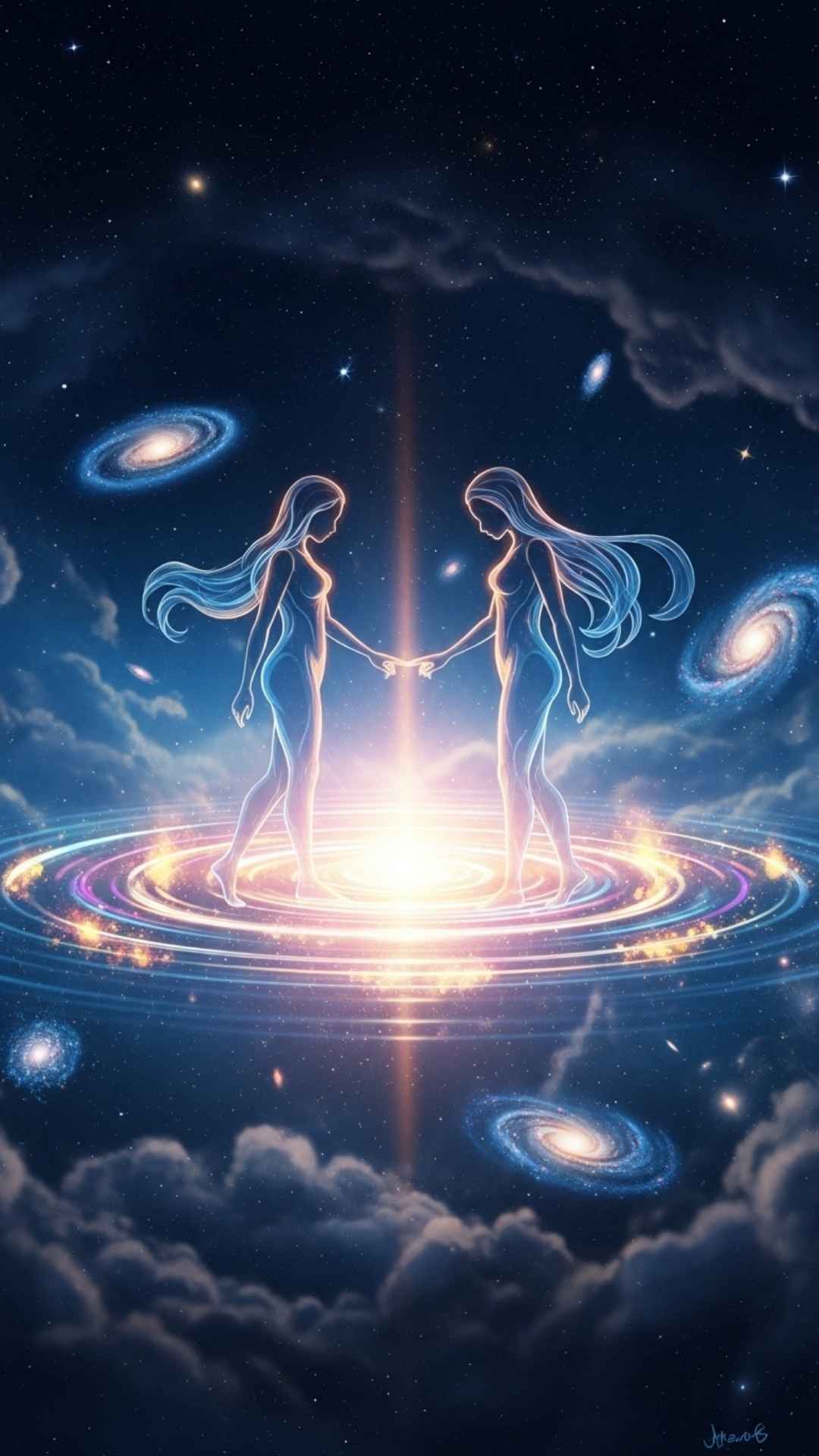 Abstract art showing two ethereal figures touching fingertips, generating a powerful, glowing light that represents the universal connection of love.