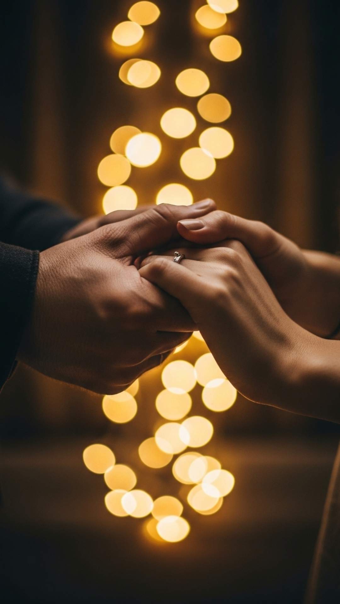 Close-up shot of a couple's hands intertwined, illuminated by soft golden lights in the background, symbolizing a subtle and deep connection.