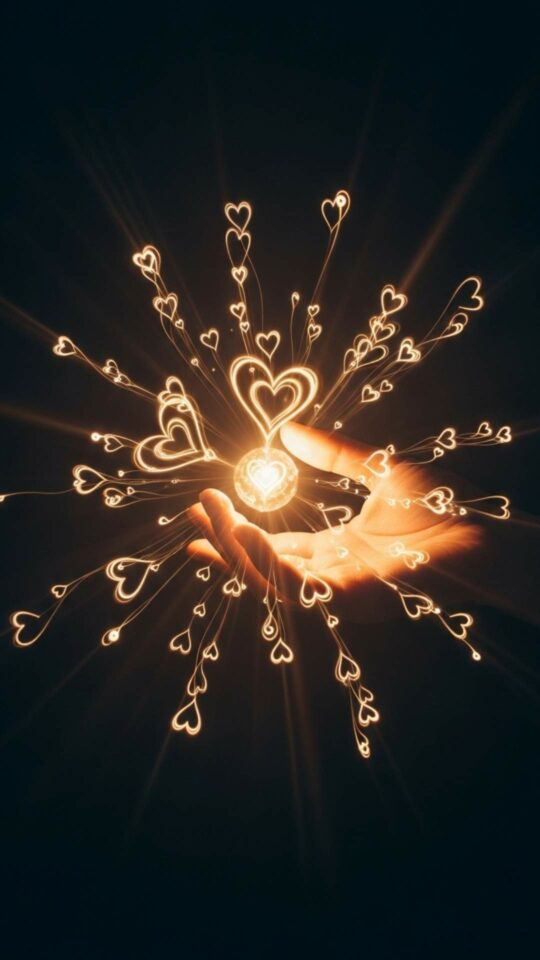 A hand releasing a glowing orb of light that transforms into a pattern of hearts, representing the act of spreading love and joy.