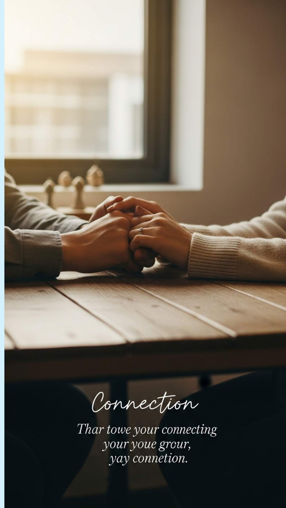 A close-up photo of a couple's hands intertwined on a rustic wooden table with soft, golden-hour lighting. A subtle romantic quote is overlaid.