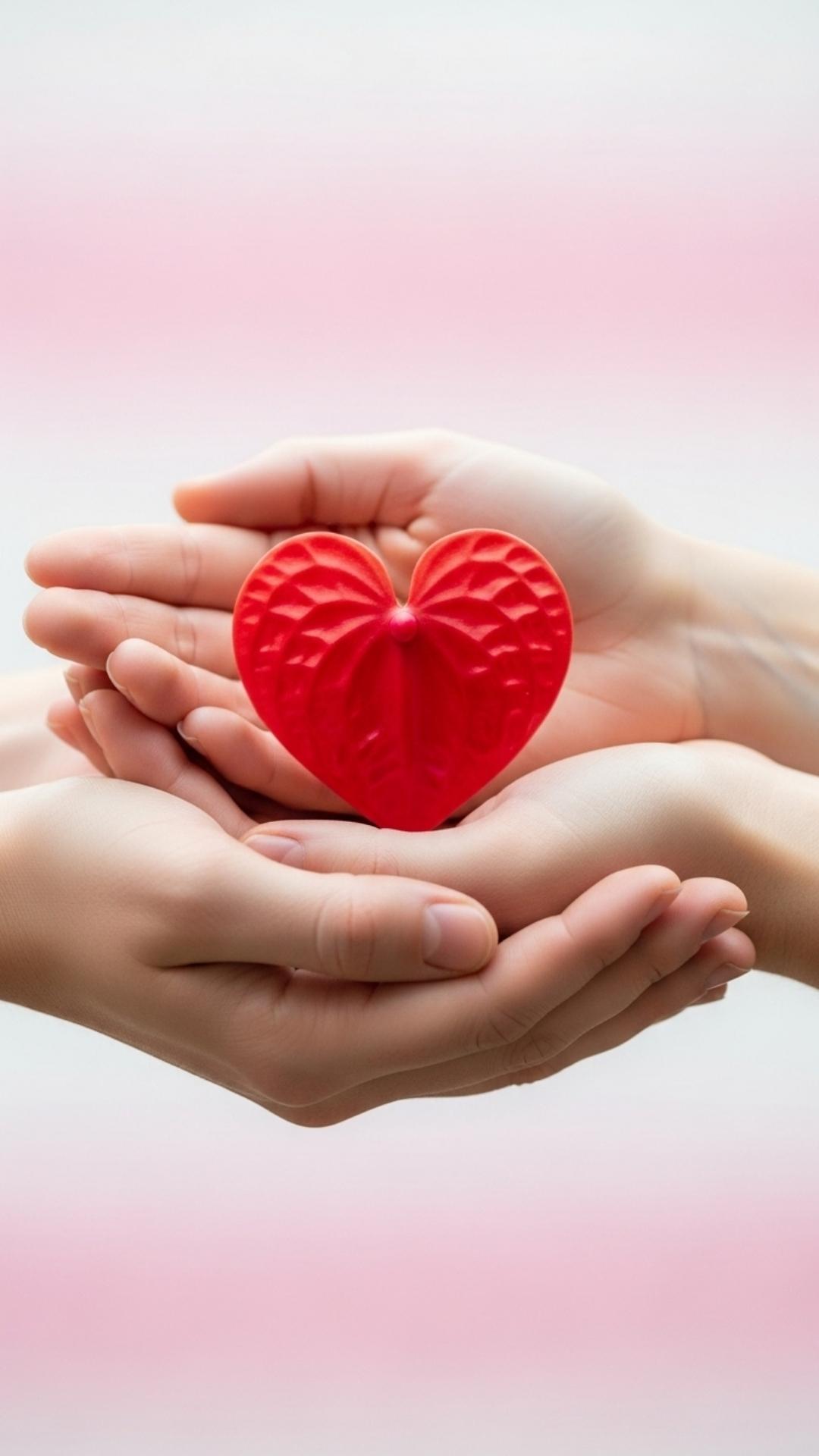 A close-up of two hands gently holding a blooming red heart-shaped flower against a pastel background