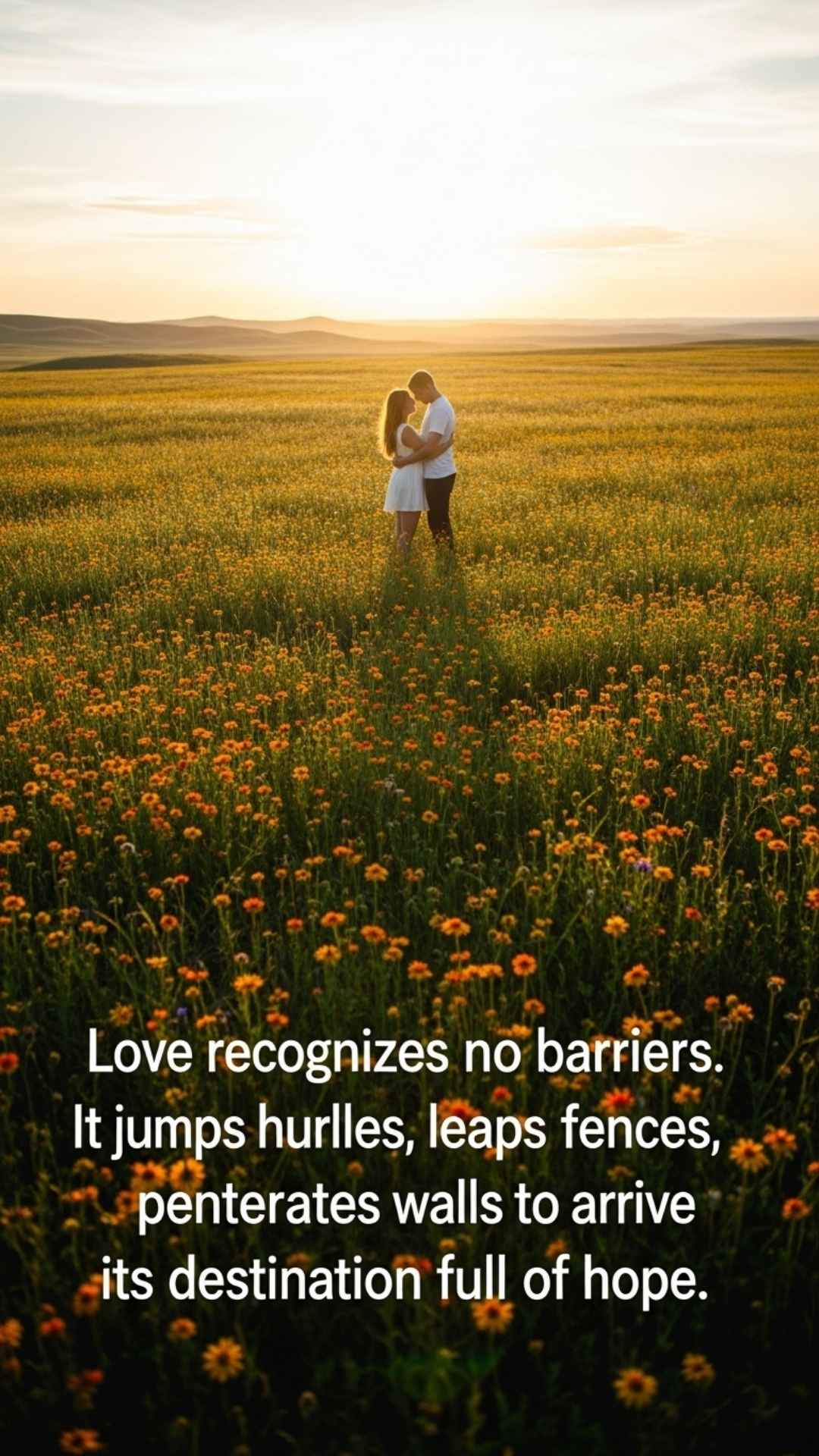 A vast, sunlit field of wildflowers with two people embracing in the distance. An elegant quote about love is overlaid on the vibrant, warm-toned landscape.