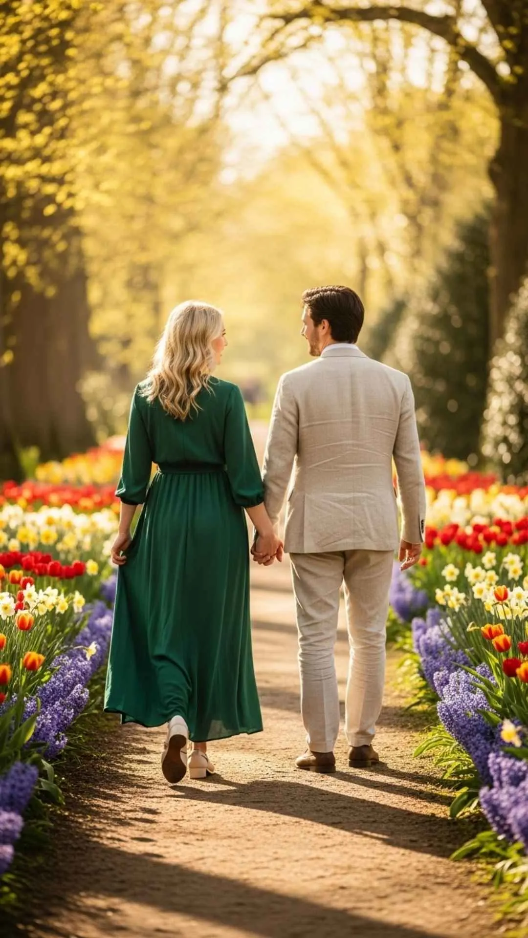 Joyful couple walking DP, happy journey profile picture, love path FB DP, blooming flowers avatar, positive couple stroll