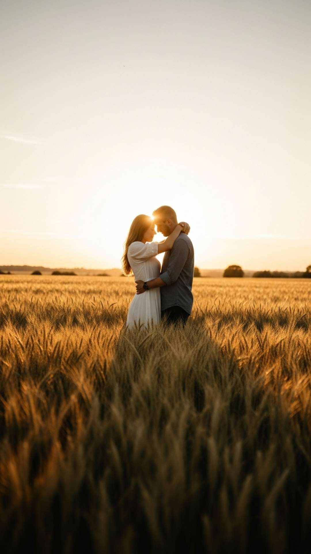 A soft, dreamy image of a couple embracing in a golden wheat field at sunset.