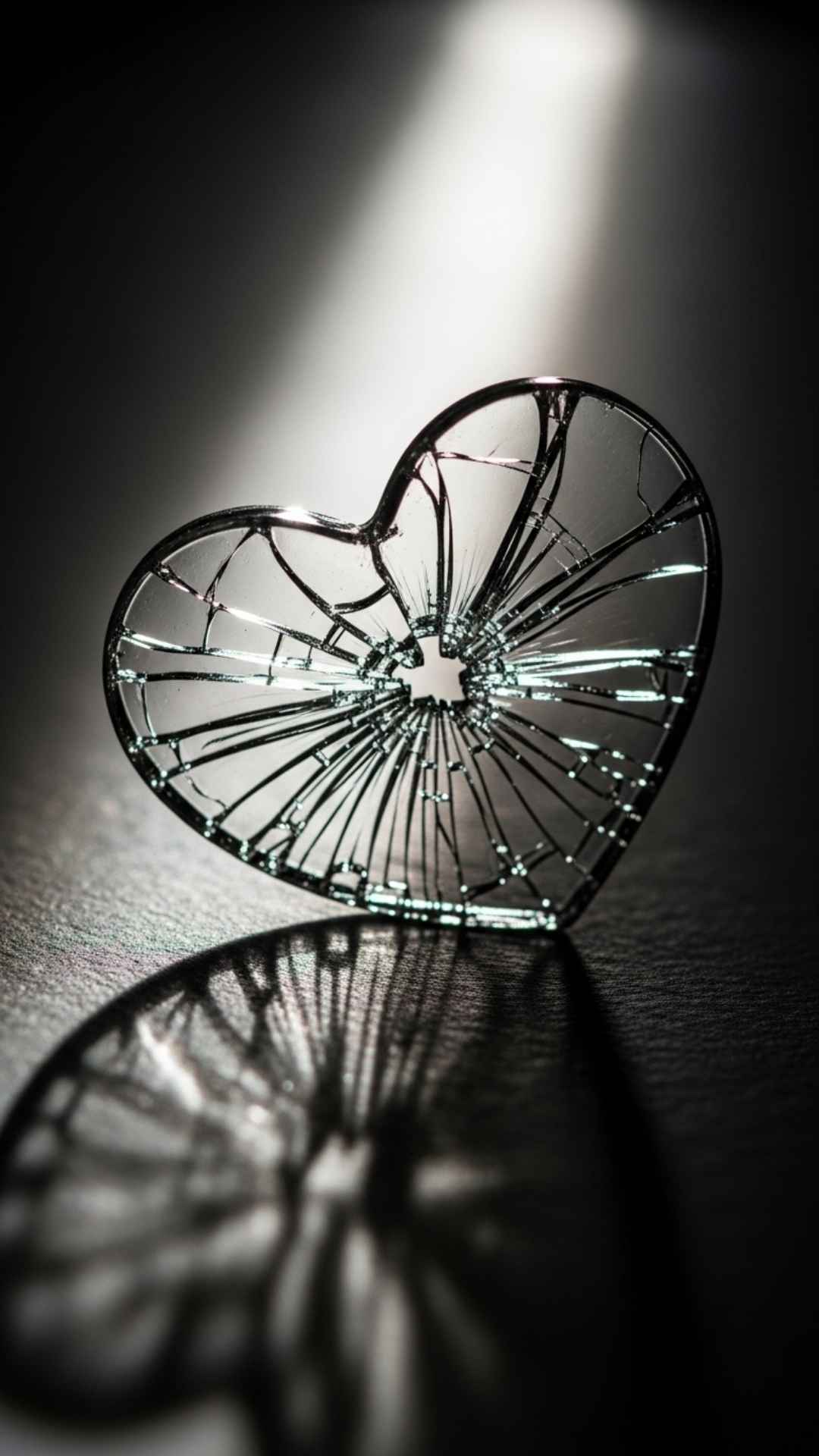 A macro shot of a fragile, cracked glass heart on a dark surface. A single ray of light highlights the fractures, emphasizing fragility and silent pain.