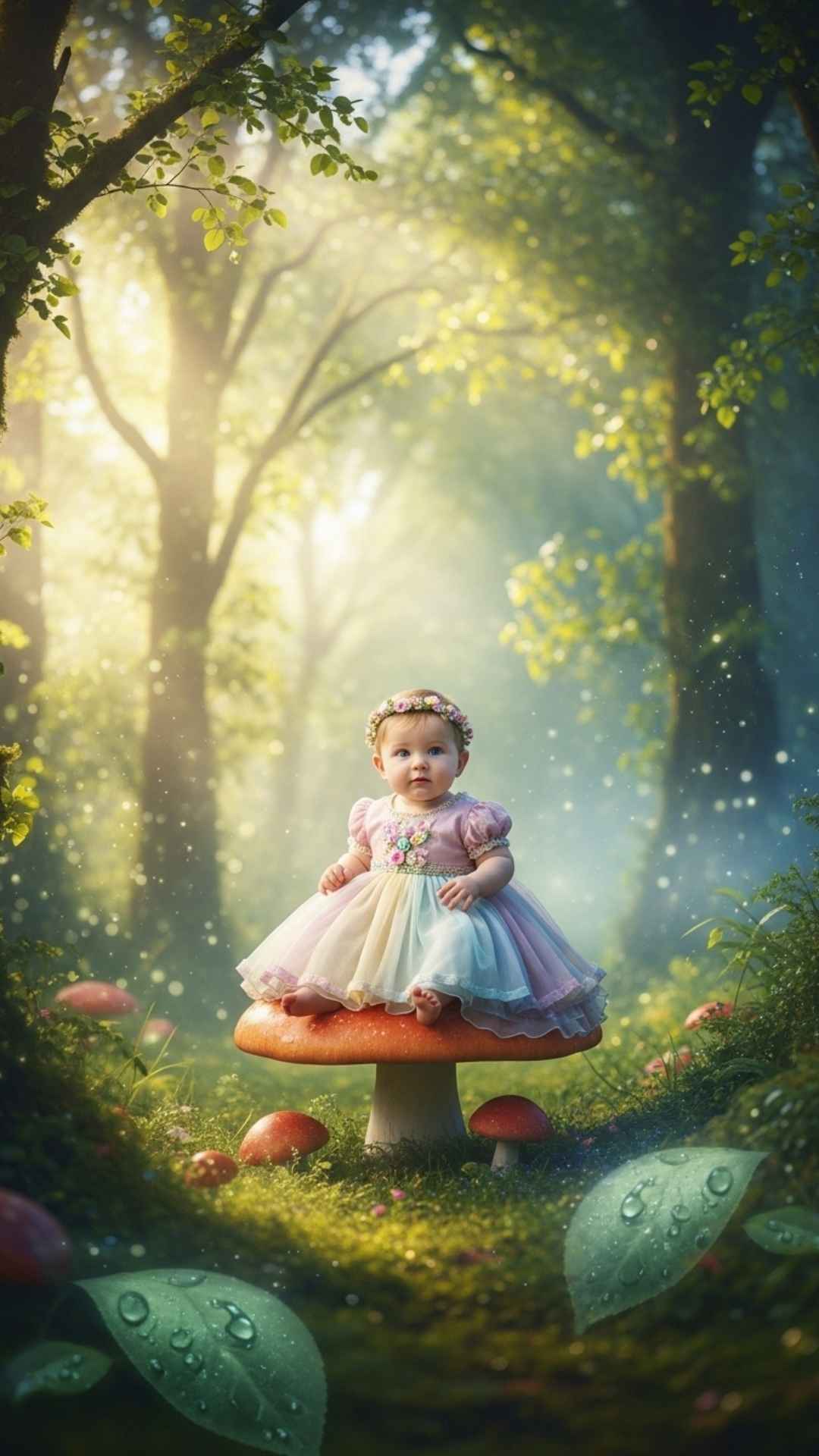 A baby princess with a flower crown sitting on a mushroom in a sunlit, enchanted forest with a magical, dreamy atmosphere