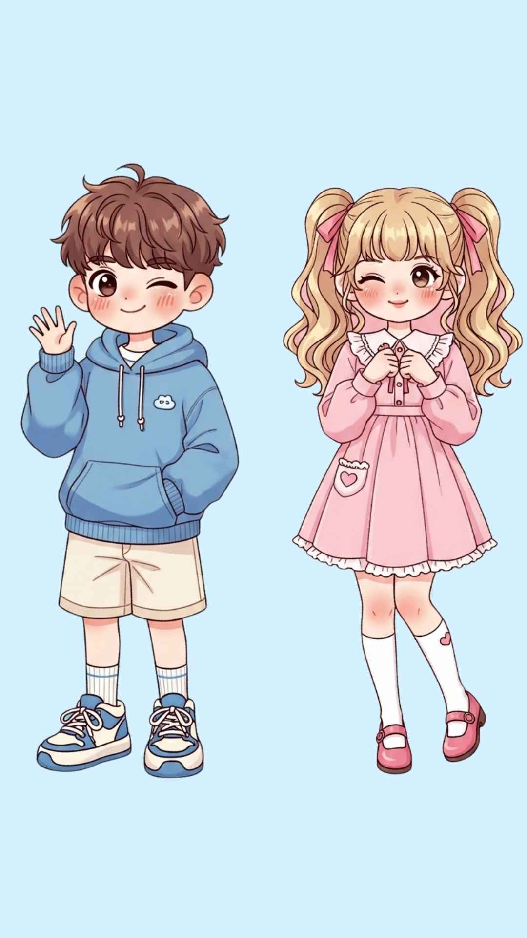 Two separate but matching chibi-style illustrations of a couple, a boy and a girl, with complementary outfits and backgrounds.