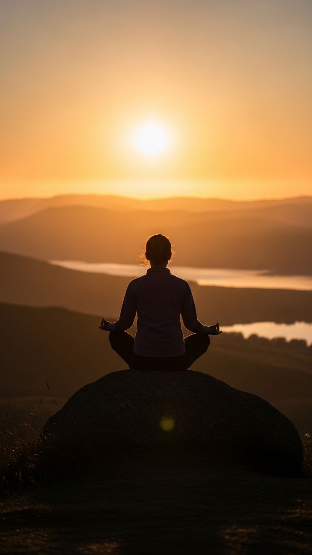 A person meditating in silhouette against a golden sunrise, with a serene landscape.
