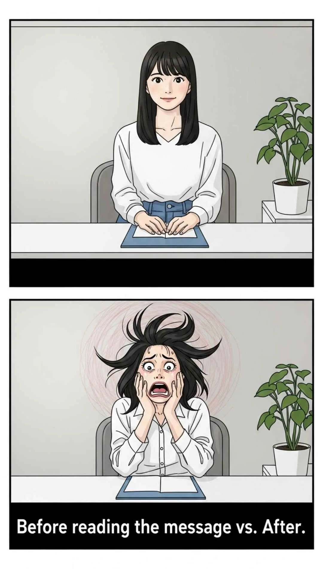 Funny message reaction DP, shocked face profile pic, WhatsApp chat humor, before after text DP.