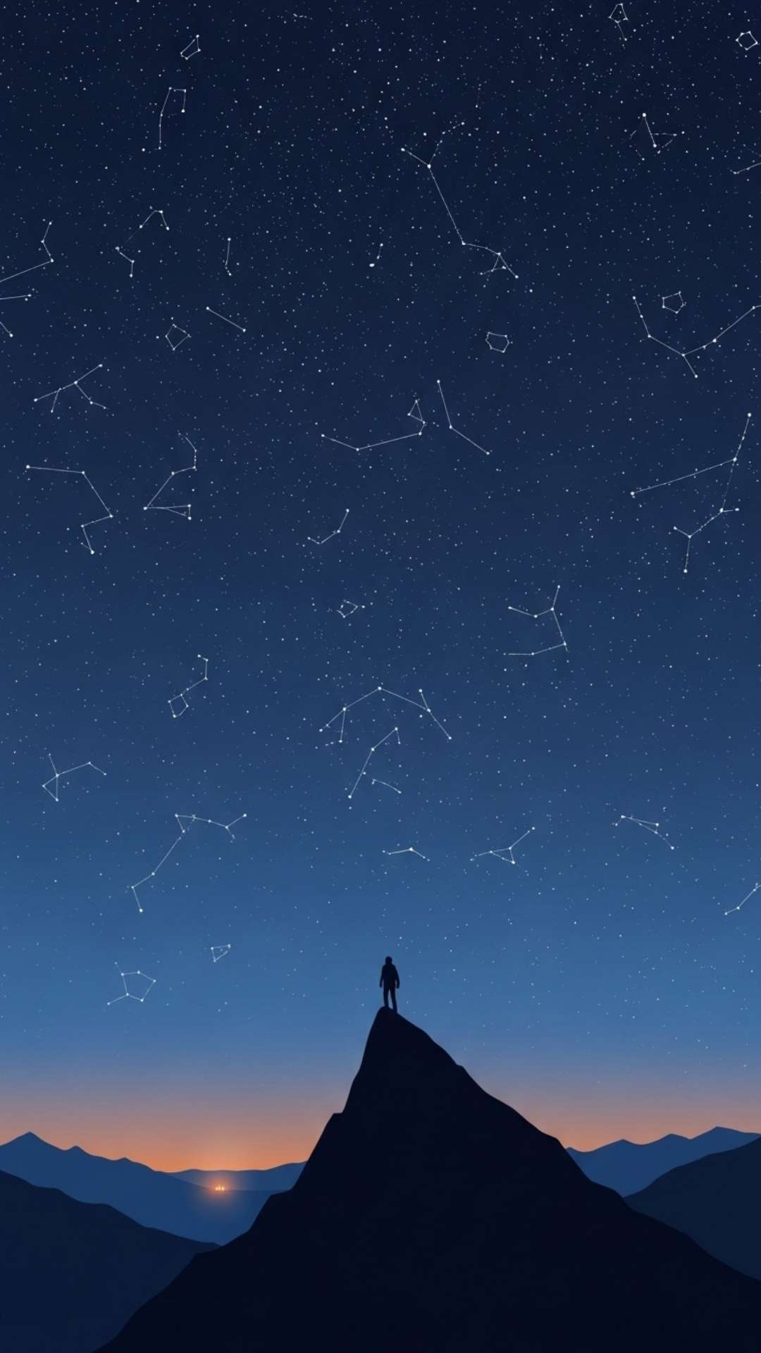 A minimalist illustration of a lone figure on a mountain peak, gazing at a starry night sky.