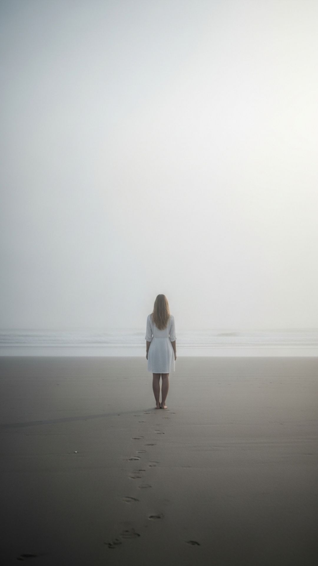 A lone woman stands with her back to the camera on a misty, minimalist beach at sunrise, gazing at the vast, empty sea, symbolizing solitude and introspection