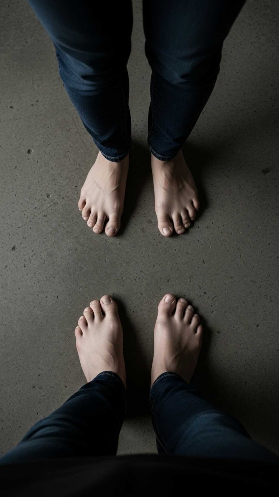 A low-key, minimalist photo of a person's feet on a cold concrete floor, conveying a quiet "mood off" feeling and solitude