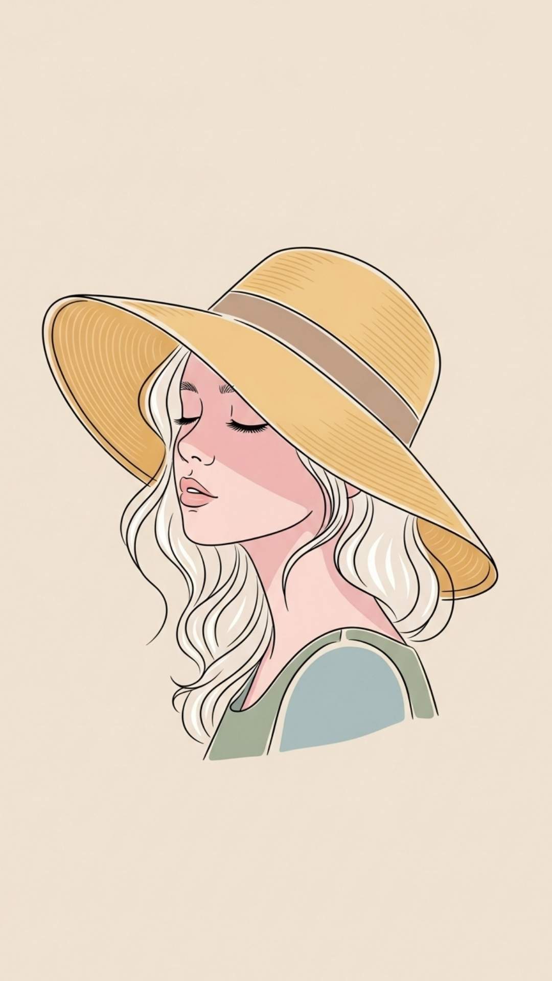 A minimalist, aesthetic illustration of a girl wearing a straw hat in soft pastel colors