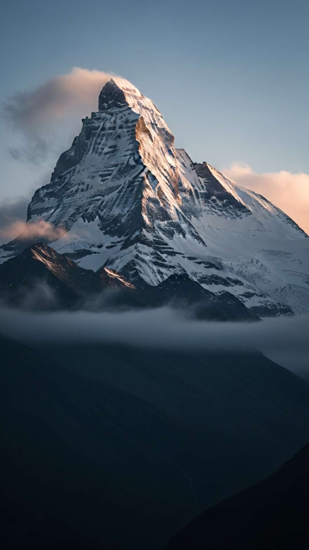 A majestic photo of a snow-capped mountain peak shrouded in mist at dawn, conveying a sense of stillness and powerful solitude.