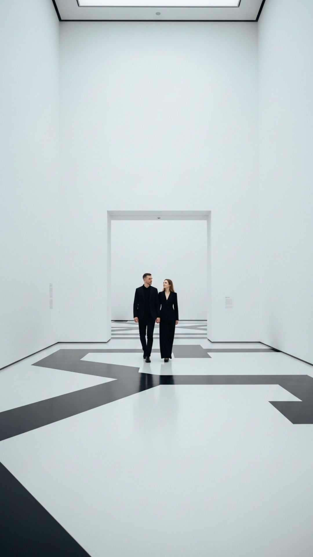 A couple in all-black outfits walks through a white, geometric art museum hallway, creating a strong monochromatic aesthetic