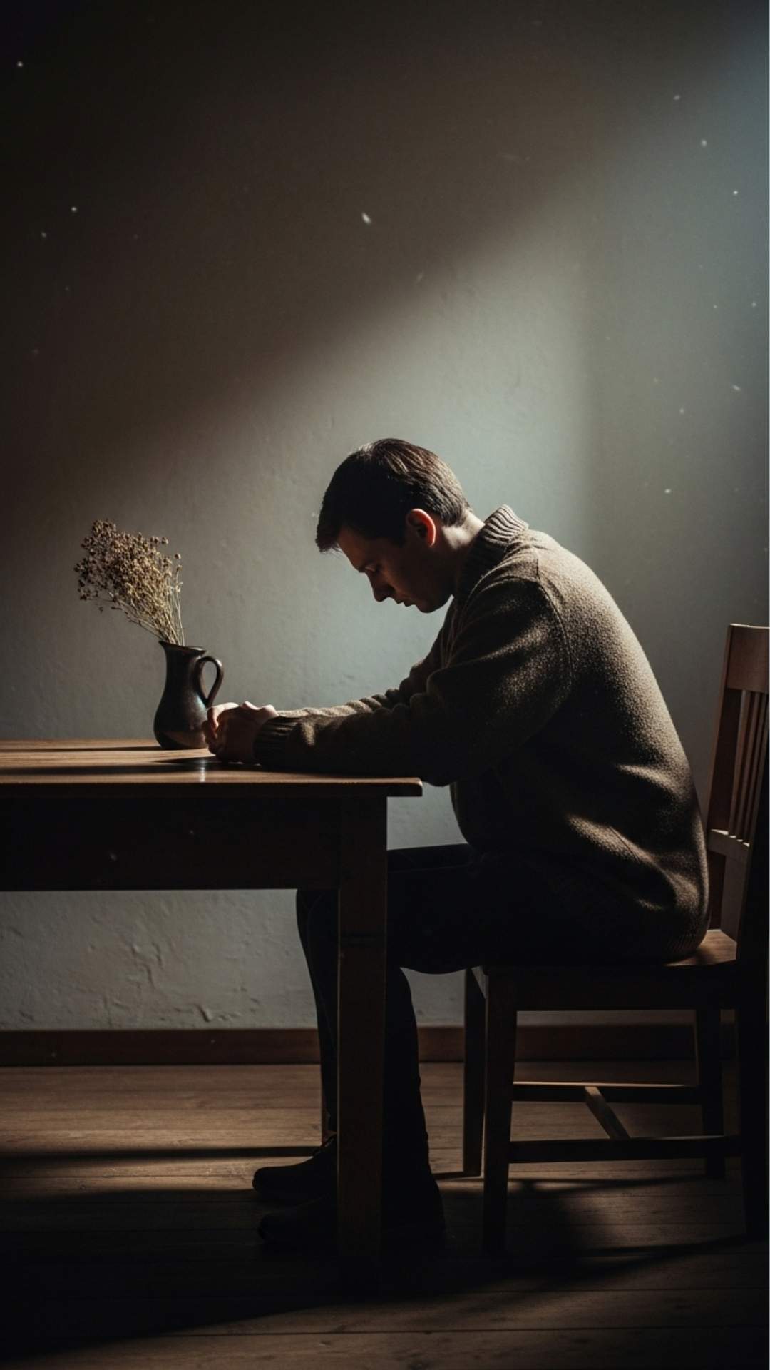 A person sits alone in a dim room with their head bowed. Soft light from a window casts long shadows, creating a melancholic and introspective mood.