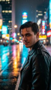 A young man smirking in a rainy city street at night, with neon lights reflected on the wet pavement.