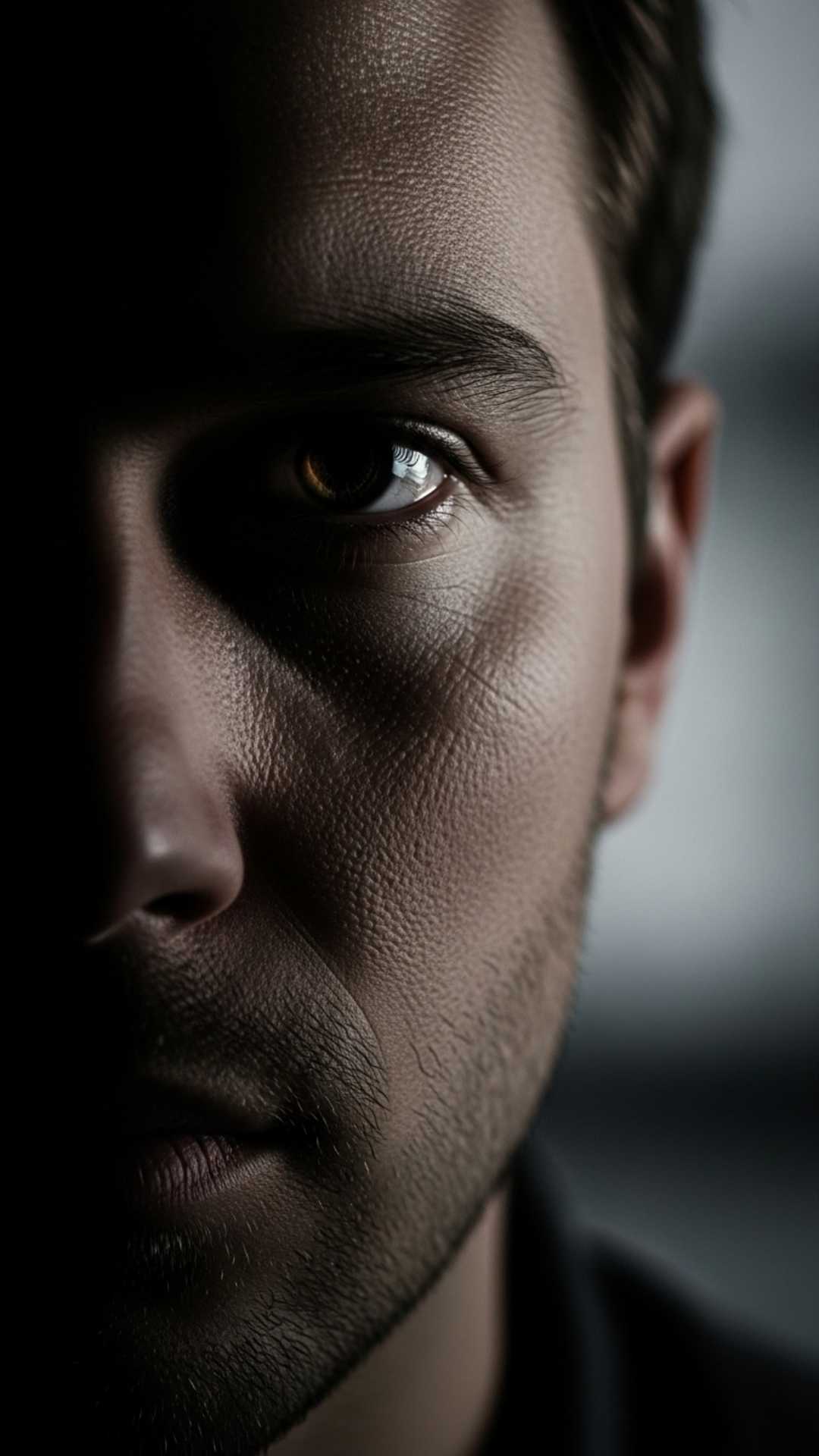 A close-up portrait of a man with an intense gaze, half of his face hidden by a dramatic shadow.