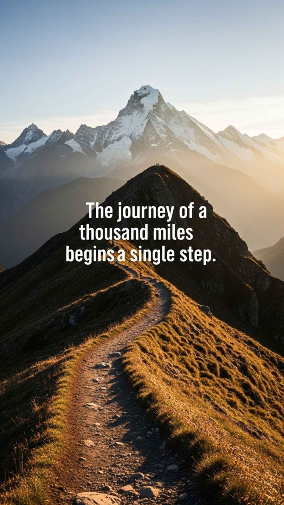 A scenic photo of a path leading up a mountain at sunrise, with a motivational quote about starting a journey overlayed on the image