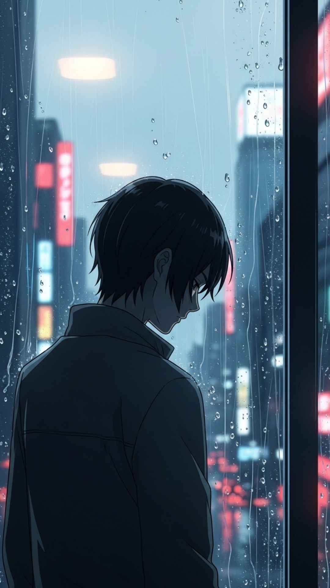 An anime DP showing a mysterious character with their back to the camera, looking out a rainy window.