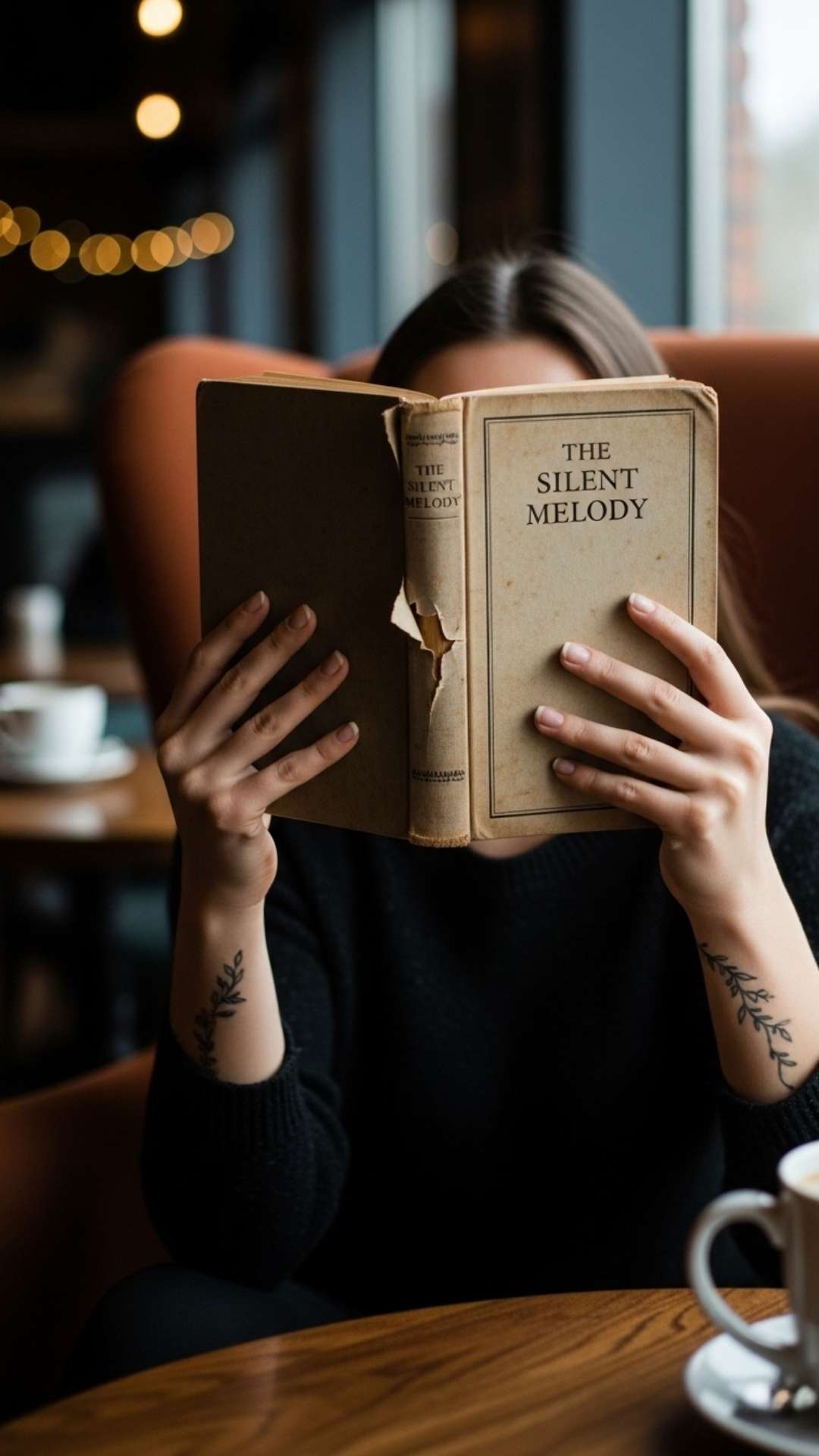 A mysterious portrait of a woman reading in a cafe, with her face hidden behind the book.