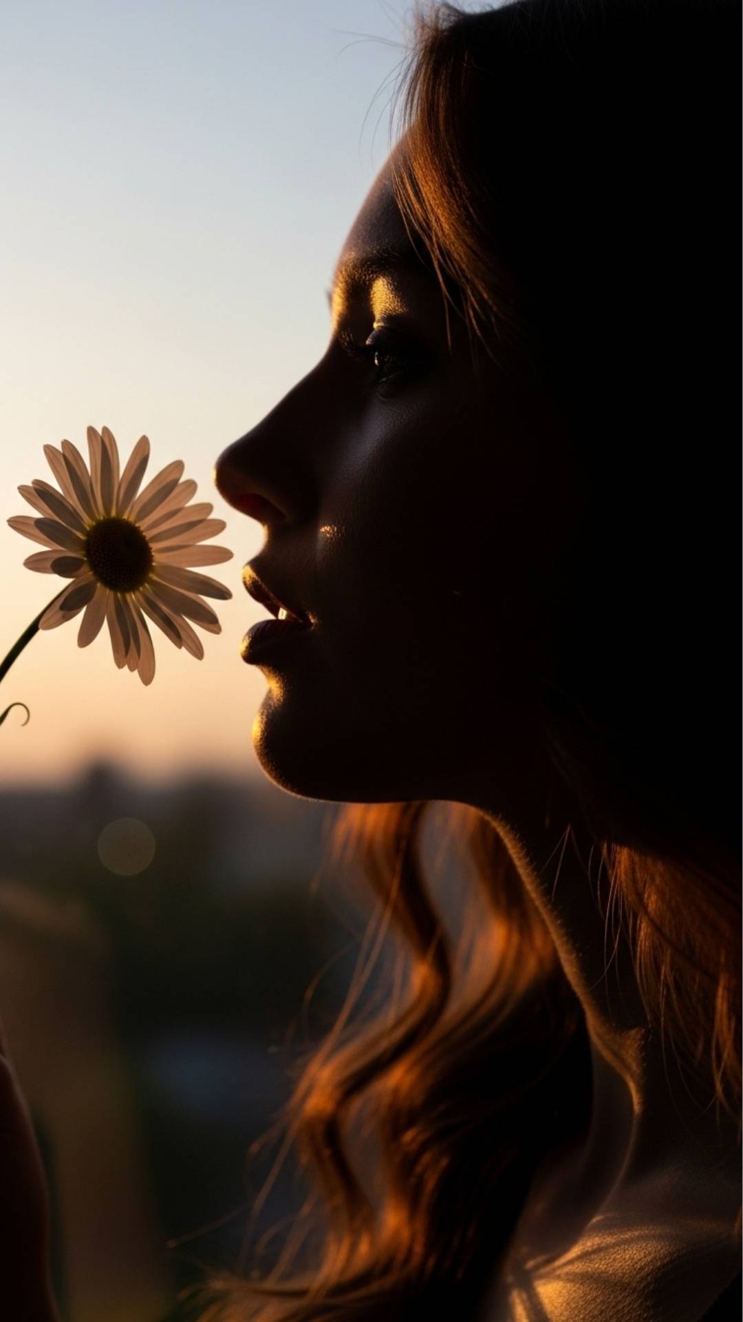 A mysterious and artistic silhouette of a woman's profile against a window at dusk, holding a single daisy.
