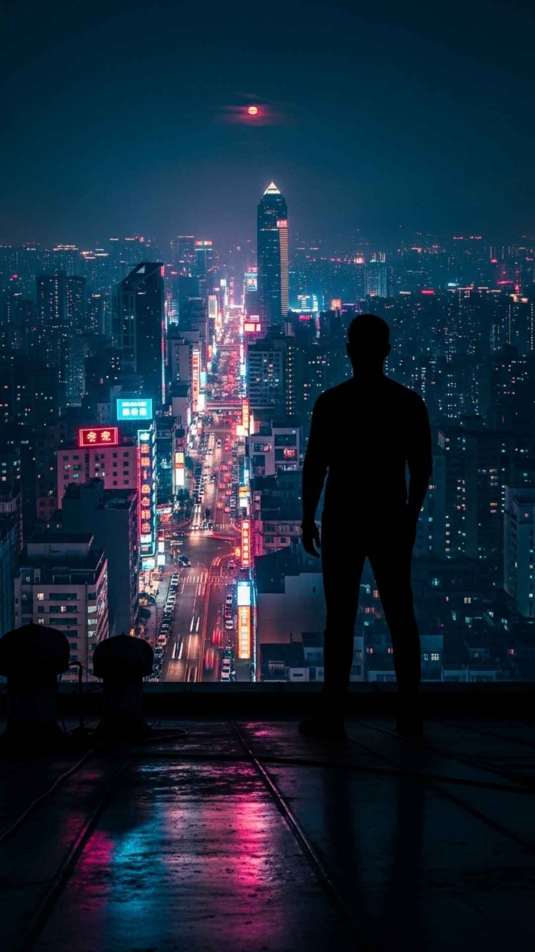 A man's silhouette on a rooftop, overlooking a vibrant, neon-lit city at night.