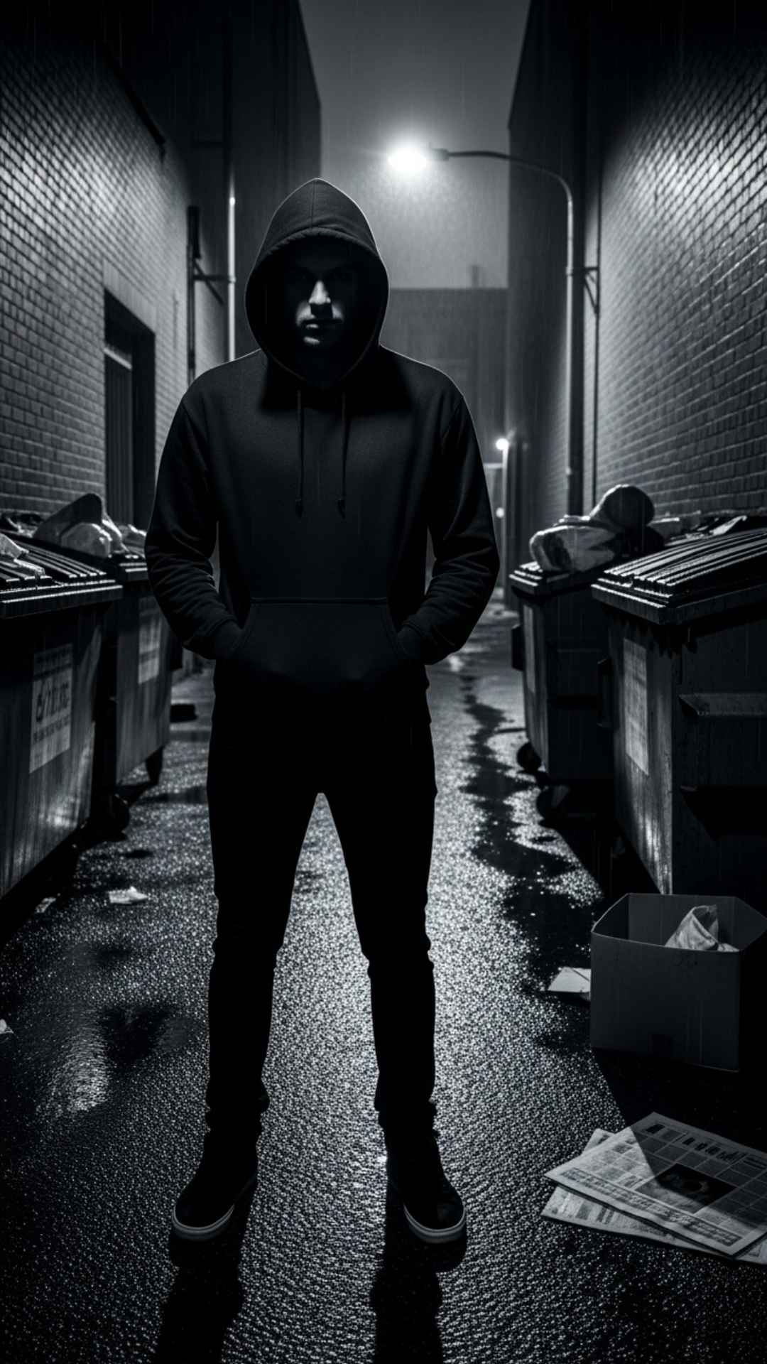 A young man in a black hoodie, his face partially hidden by shadow, standing in an urban alley.