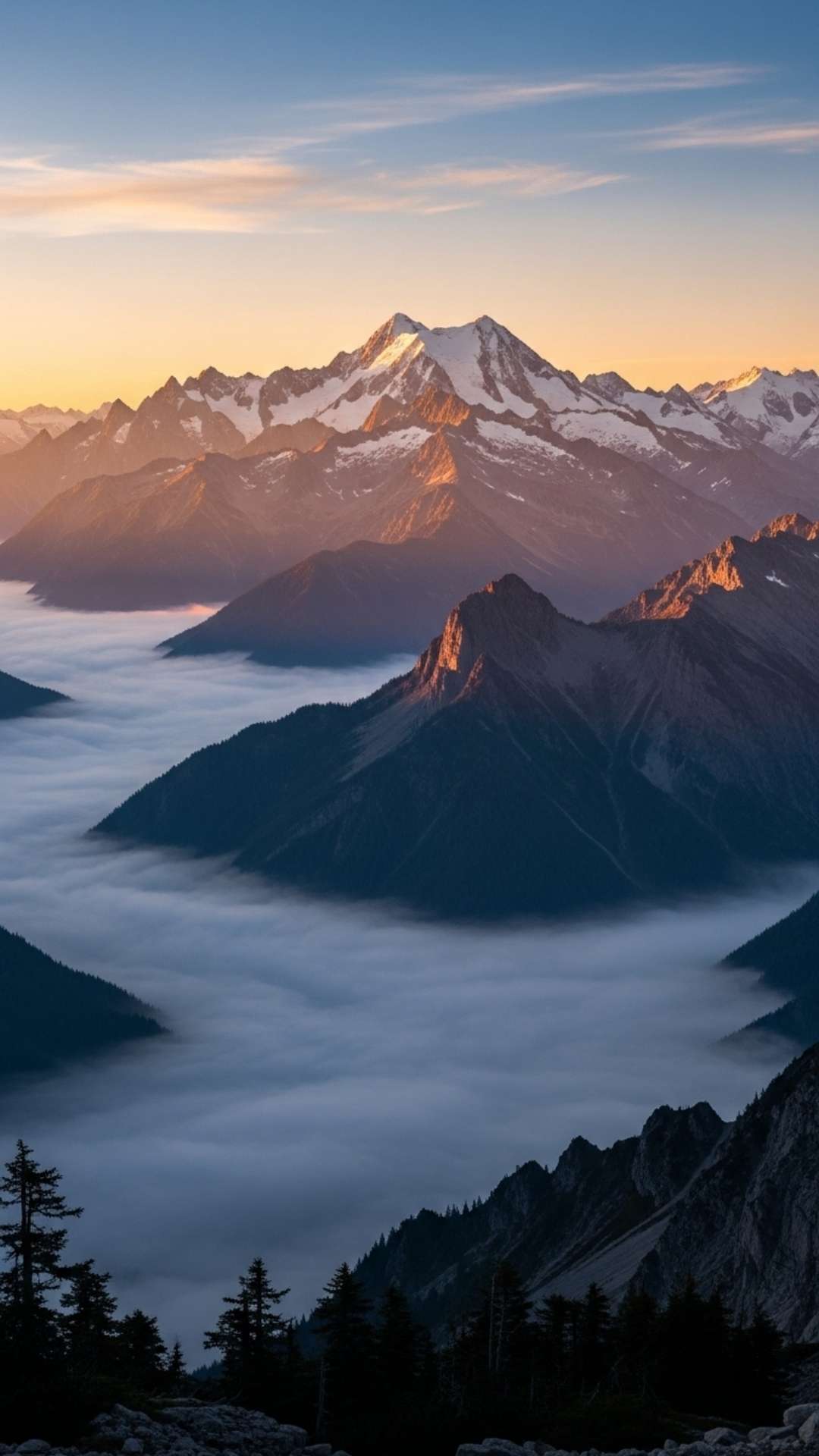 A stunning photo of misty mountains at sunrise, with warm sunlight on the peaks and a peaceful atmosphere.