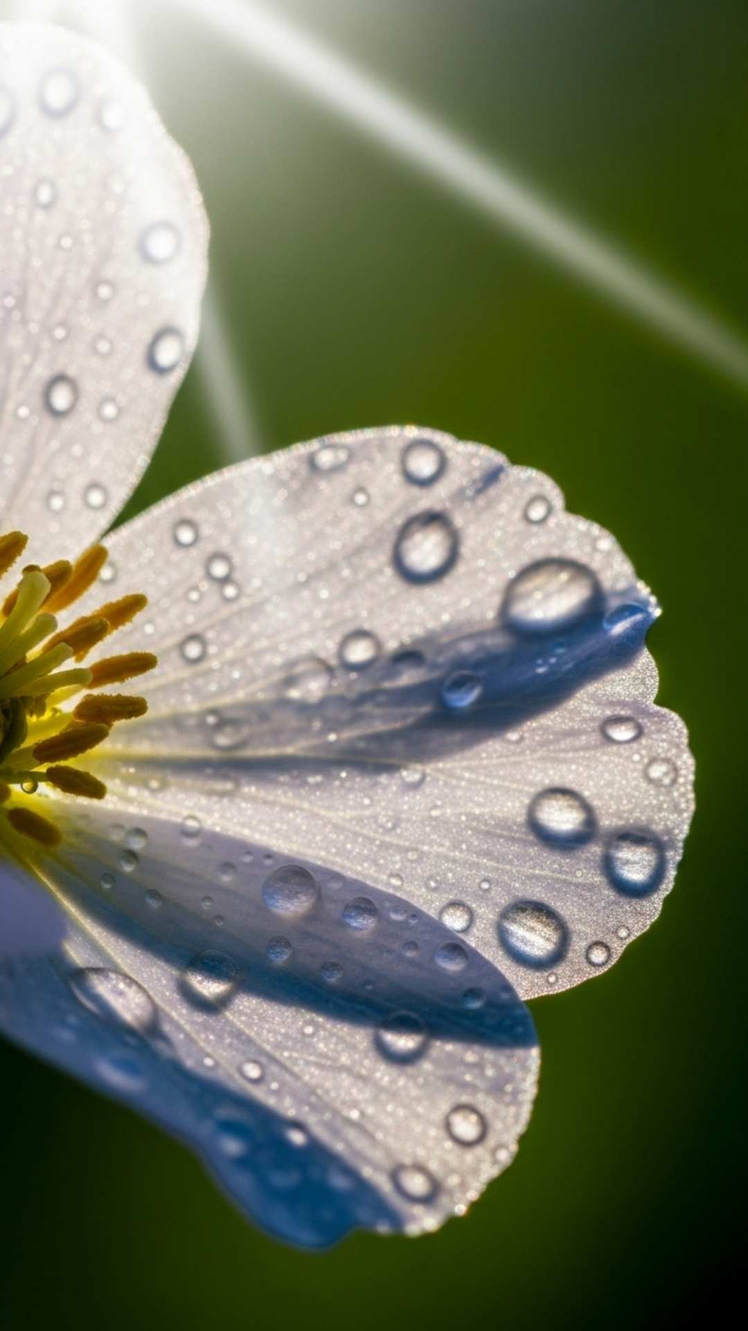 A beautiful macro photo of a flower petal with dewdrops, brightly lit by sunlight, highlighting its intricate details