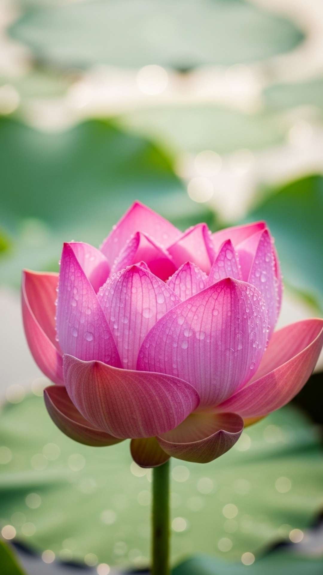 Close-up Nature DP for WhatsApp of a perfect pink lotus flower with dew drops, symbolizing purity, beauty, and spiritual enlightenment.