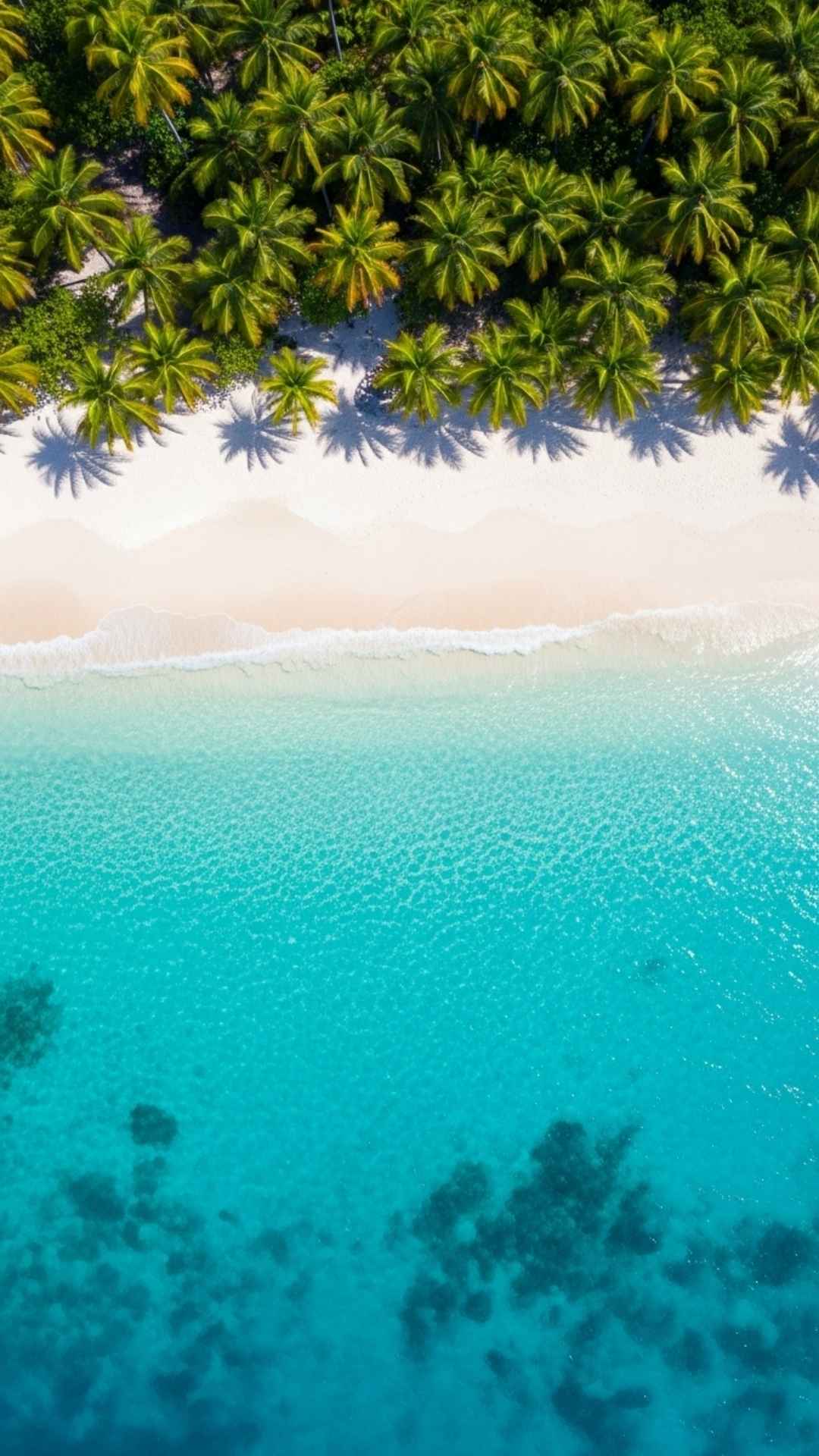 Top-down aerial view of a pristine tropical beach with turquoise water and white sand, a perfect example of a beautiful Nature DP for WhatsApp.