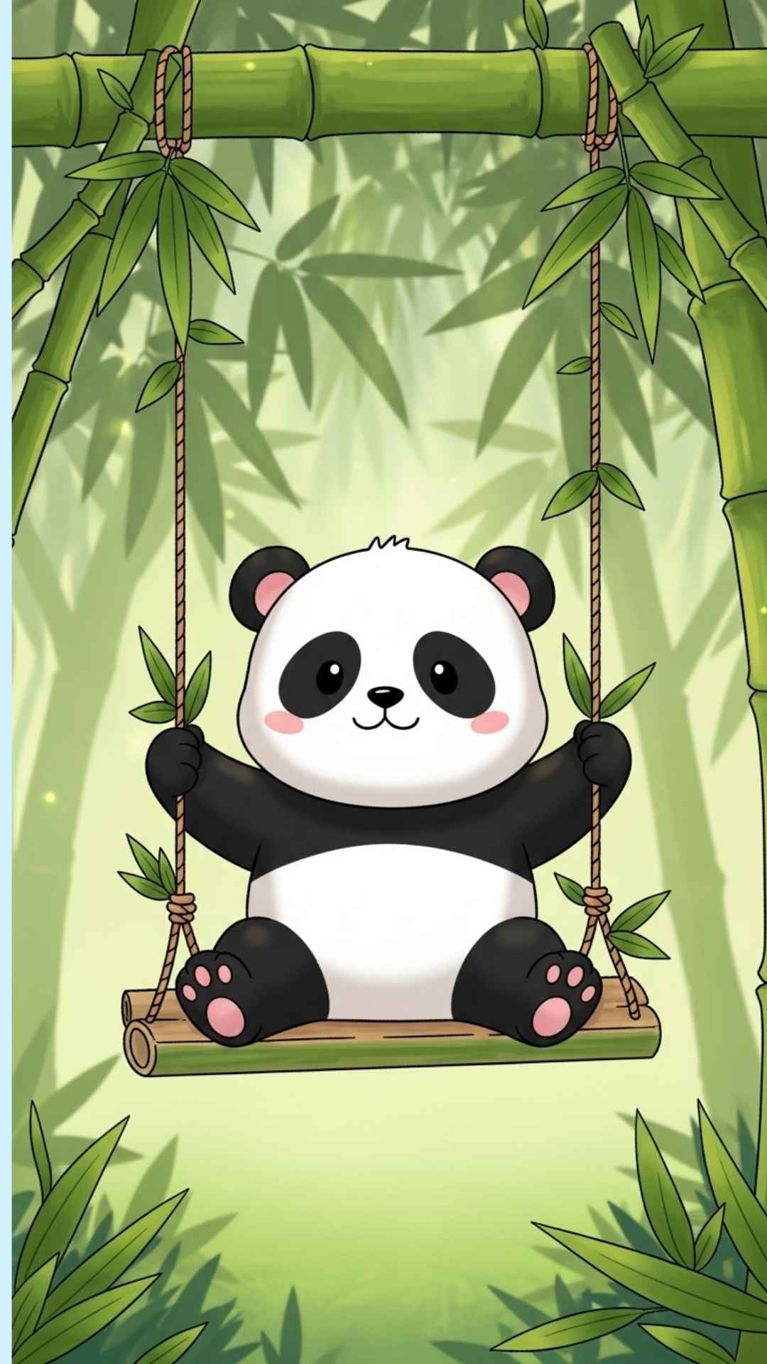 A whimsical illustration of a happy panda cub sitting on a bamboo swing, surrounded by green leaves.