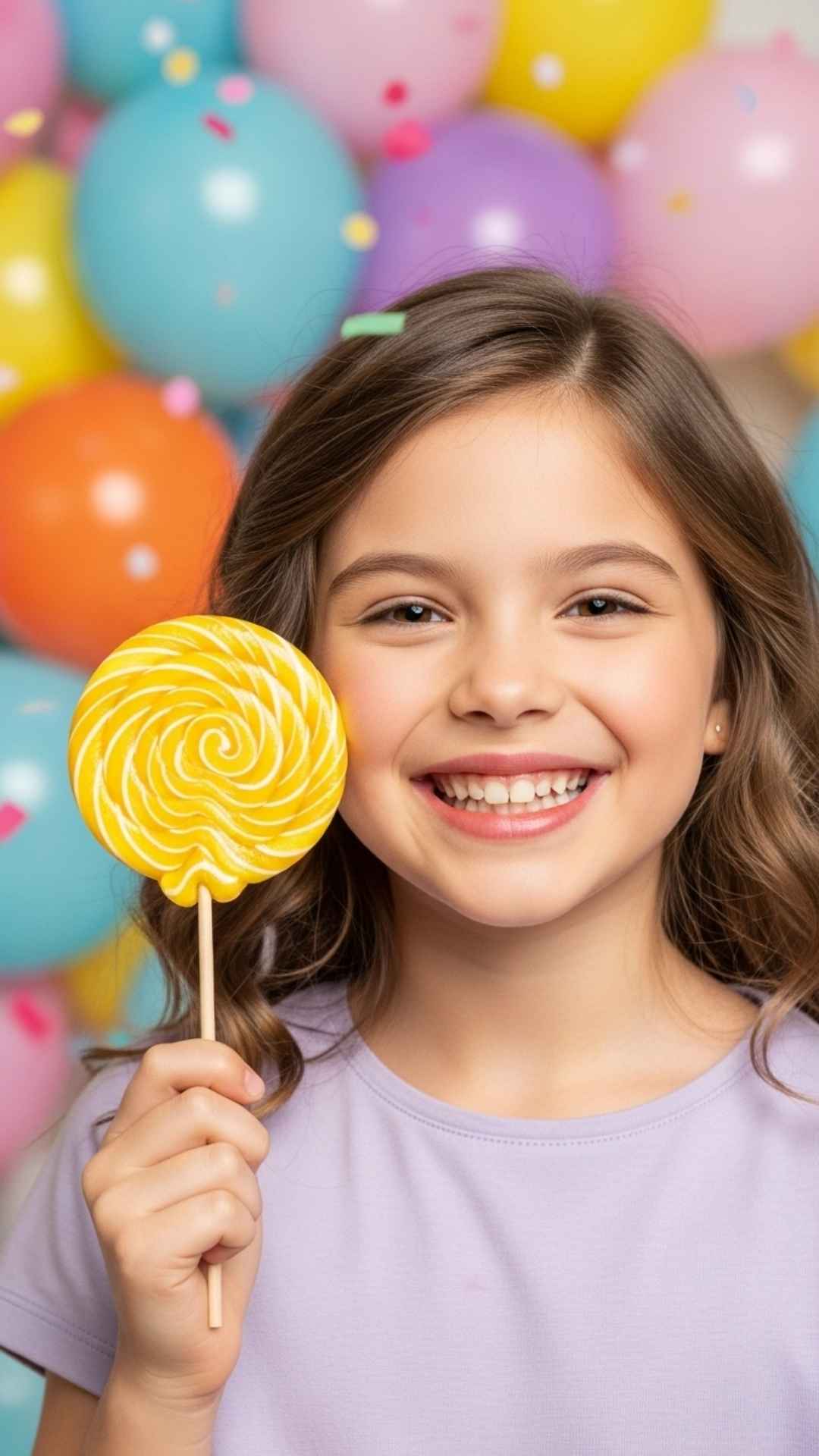 A girl with a lollipop in a pastel playground setting with balloons and confetti, for a cute and cheerful DP.
