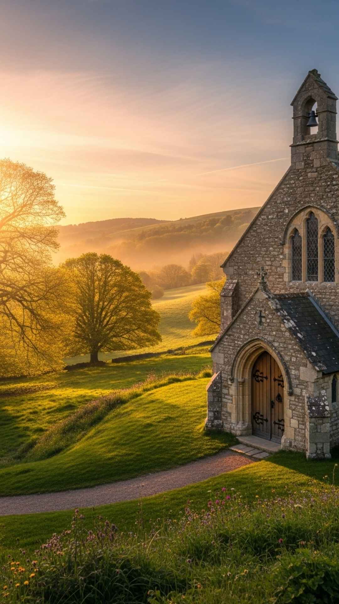 A peaceful, wide-angle photo of a rustic stone church in a green valley during golden hour.